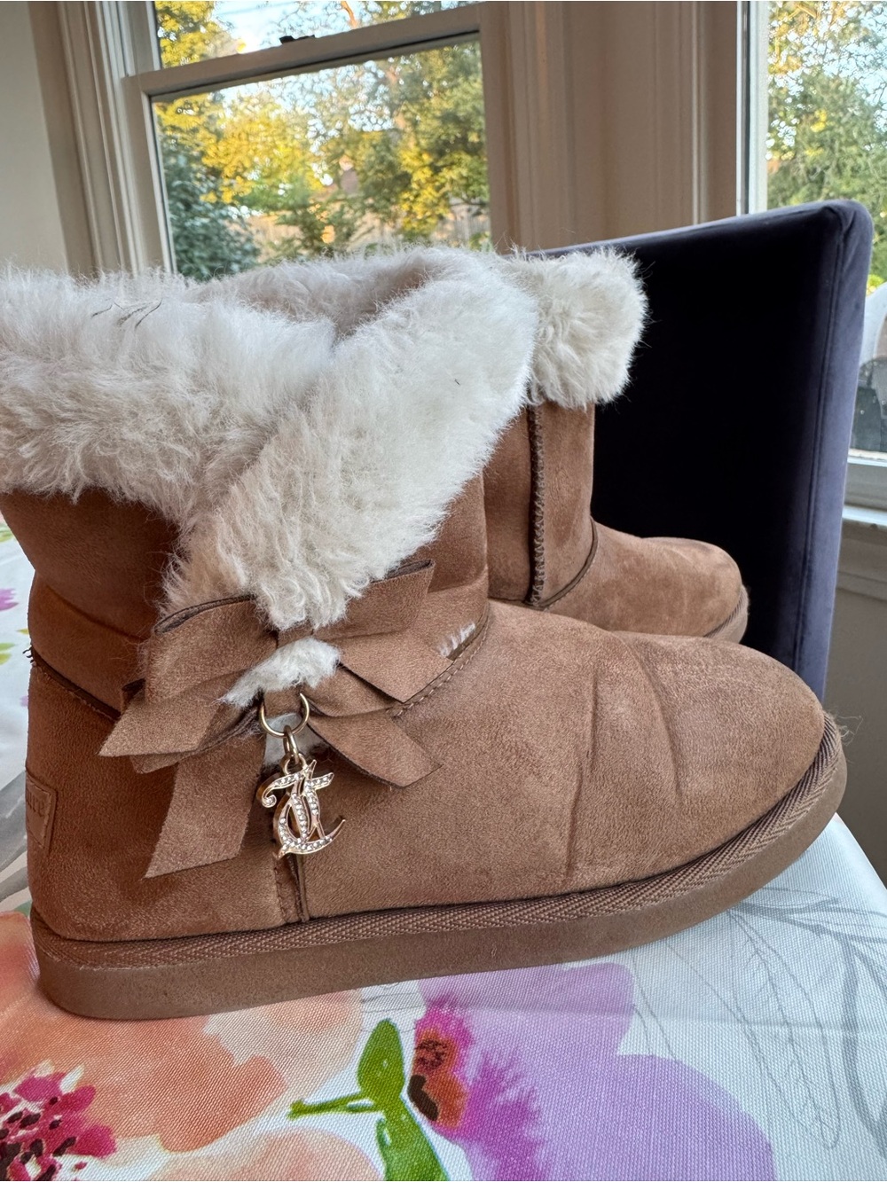 Juicy Couture Chestnut Brown Suede Cozy Fur-Trim Ankle Boots with Bow Charm